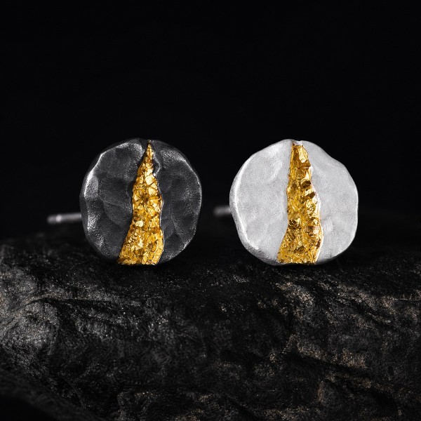 Gold and Silver Stud Earrings - Mountain Path 24K Gold Inlay Gold and Silver Stud Earrings - Mountain Path 24K Gold Inlay
