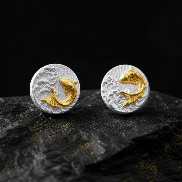 Koi Fish Stud Earrings - 999 Fine Silver and 24K Gold Inlay Koi Fish Stud Earrings - 999 Fine Silver and 24K Gold Inlay