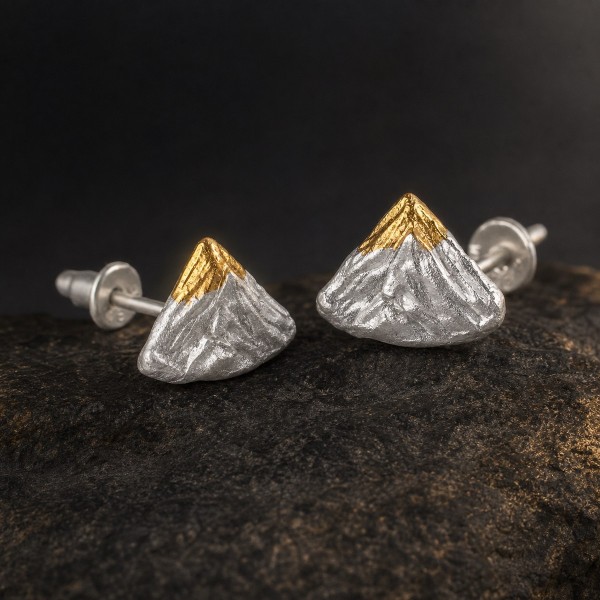 Mountain Stud Earrings - 999 Fine Silver with 24K Gold Summit Mountain Stud Earrings - 999 Fine Silver with 24K Gold Summit