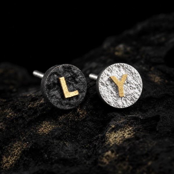 Personalized Initial Stud Earrings - 999 Fine Silver and 24K Gold Inlay Personalized Initial Stud Earrings - 999 Fine Silver and 24K Gold Inlay