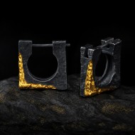 Square Hoop Earrings for Men - Black 999 Fine Silver and 24K Gold
