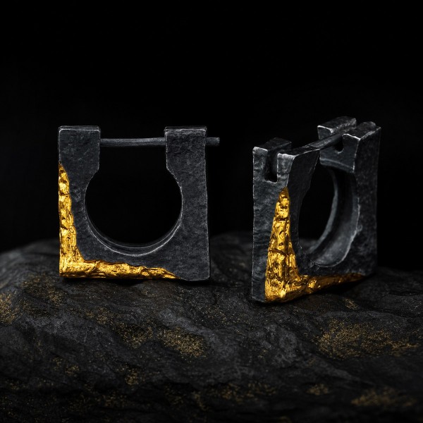 Square Hoop Earrings for Men - Black 999 Fine Silver and 24K Gold Square Hoop Earrings for Men - Black 999 Fine Silver and 24K Gold