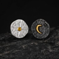 Sun and Moon Stud Earrings - 999 Fine Silver and 24K Gold Inlay
