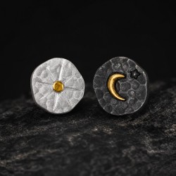 Sun and Moon Stud Earrings - 999 Fine Silver and 24K Gold Inlay