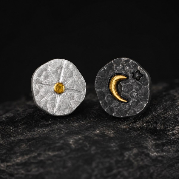Sun and Moon Stud Earrings - 999 Fine Silver and 24K Gold Inlay Sun and Moon Stud Earrings - 999 Fine Silver and 24K Gold Inlay