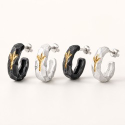 Small Hoop Earrings for Men - 999 Fine Silver with 24K Gold Branch Small Hoop Earrings for Men - 999 Fine Silver with 24K Gold Branch