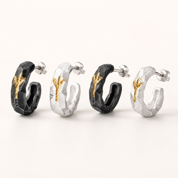Small Hoop Earrings for Men - 999 Fine Silver with 24K Gold Branch Small Hoop Earrings for Men - 999 Fine Silver with 24K Gold Branch