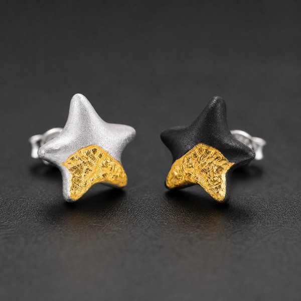 Lucky Star Stud Earrings - 999 Fine Silver and 24K Gold Inlay Lucky Star Stud Earrings - 999 Fine Silver and 24K Gold Inlay