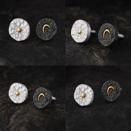 Sun and Moon Stud Earrings - 999 Fine Silver and 24K Gold Inlay Sun and Moon Stud Earrings - 999 Fine Silver and 24K Gold Inlay