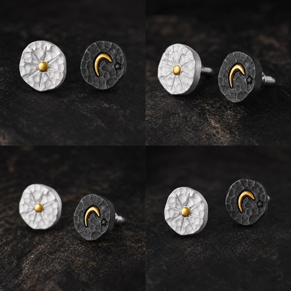 Sun and Moon Stud Earrings - 999 Fine Silver and 24K Gold Inlay Sun and Moon Stud Earrings - 999 Fine Silver and 24K Gold Inlay