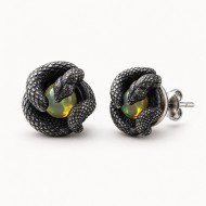 Snake Stud Earrings with Natural Opal - Oxidized Silver Snake Stud Earrings with Natural Opal - Oxidized Silver