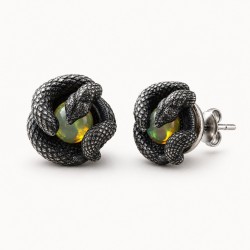 Snake Stud Earrings with Natural Opal - Oxidized Silver Snake Stud Earrings with Natural Opal - Oxidized Silver