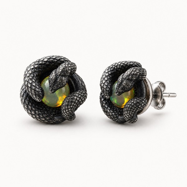 Snake Stud Earrings with Natural Opal - Oxidized Silver Snake Stud Earrings with Natural Opal - Oxidized Silver