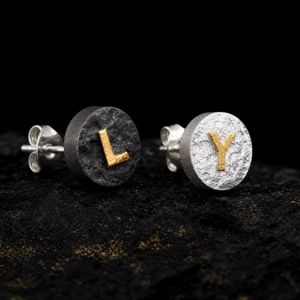 Personalized Initial Stud Earrings - 999 Fine Silver and 24K Gold Inlay Personalized Initial Stud Earrings - 999 Fine Silver and 24K Gold Inlay