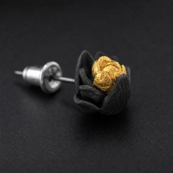 Lotus Flower Stud Earrings in 999 Fine Silver with 24K Gold Inlay Lotus Flower Stud Earrings in 999 Fine Silver with 24K Gold Inlay