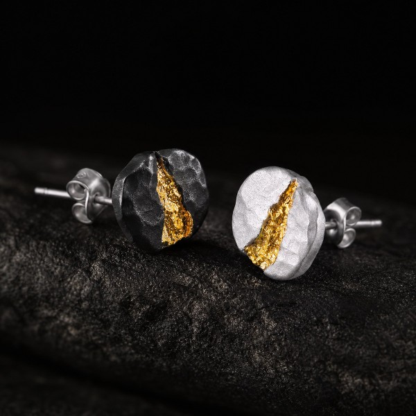 Gold and Silver Stud Earrings - Mountain Path 24K Gold Inlay Gold and Silver Stud Earrings - Mountain Path 24K Gold Inlay