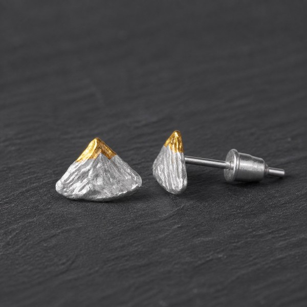 Mountain Stud Earrings - 999 Fine Silver with 24K Gold Summit Mountain Stud Earrings - 999 Fine Silver with 24K Gold Summit