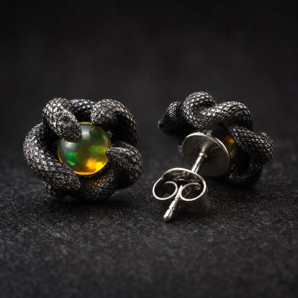Snake Stud Earrings with Natural Opal - Oxidized Silver Snake Stud Earrings with Natural Opal - Oxidized Silver