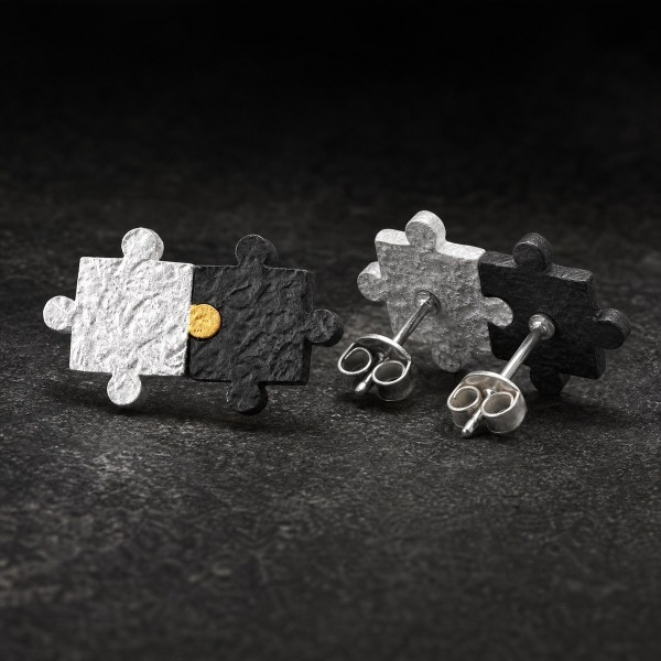 Puzzle Piece Stud Earrings - Matching Fine Silver and 24K Gold Pair Puzzle Piece Stud Earrings - Matching Fine Silver and 24K Gold Pair