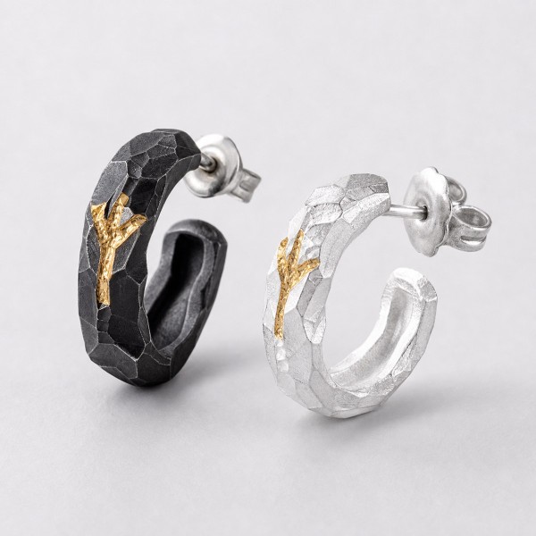 Small Hoop Earrings for Men - 999 Fine Silver with 24K Gold Branch Small Hoop Earrings for Men - 999 Fine Silver with 24K Gold Branch