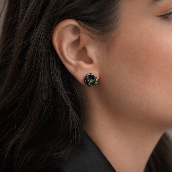 Snake Stud Earrings with Natural Opal - Oxidized Silver Snake Stud Earrings with Natural Opal - Oxidized Silver