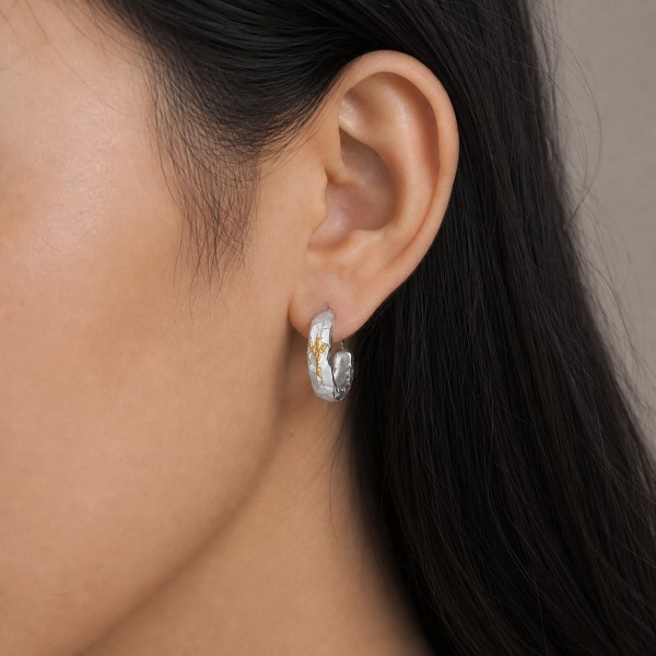 Small Hoop Earrings for Men - 999 Fine Silver with 24K Gold Branch Small Hoop Earrings for Men - 999 Fine Silver with 24K Gold Branch
