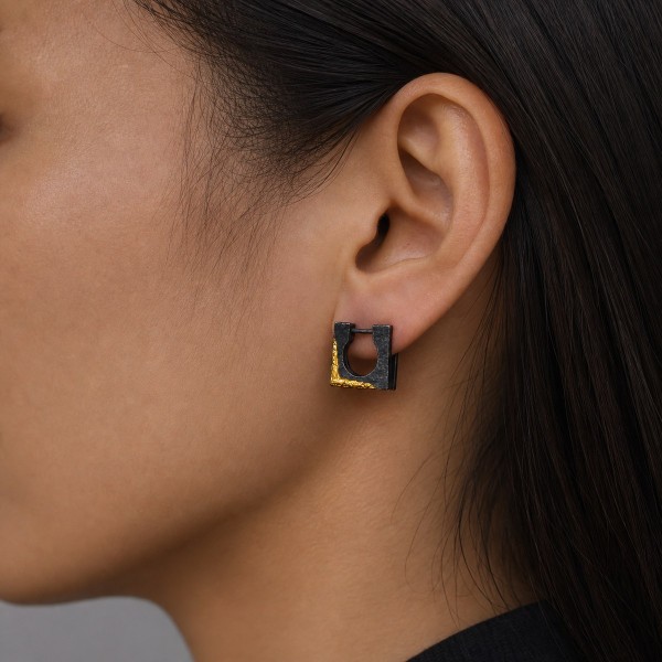Square Hoop Earrings for Men - Black 999 Fine Silver and 24K Gold Square Hoop Earrings for Men - Black 999 Fine Silver and 24K Gold