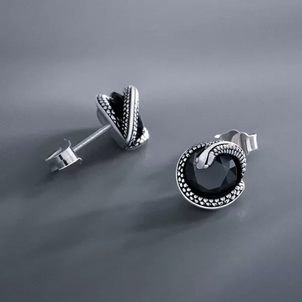 Black Onyx Snake Stud Earrings - 925 Sterling Silver