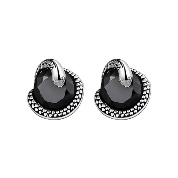 Black Onyx Snake Stud Earrings - 925 Sterling Silver