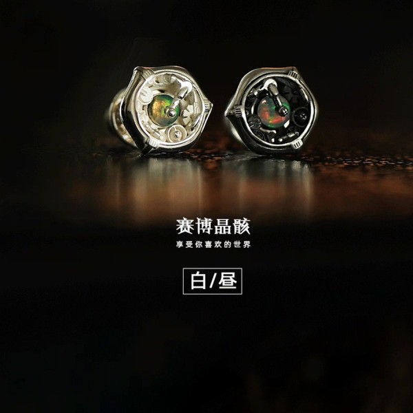 Cyberpunk Mechanical Stud Earrings – 925 Silver & Gemstones
