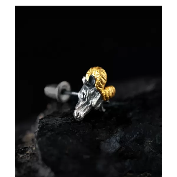 Ram Head Stud Earrings - 999 Fine Silver & 24K Gold Detail Ram Head Stud Earrings - 999 Fine Silver & 24K Gold Detail