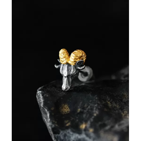 Ram Head Stud Earrings - 999 Fine Silver & 24K Gold Detail Ram Head Stud Earrings - 999 Fine Silver & 24K Gold Detail