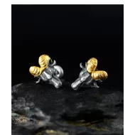 Ram Head Stud Earrings - 999 Fine Silver & 24K Gold Detail