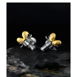 Ram Head Stud Earrings - 999 Fine Silver & 24K Gold Detail