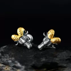 Ram Head Stud Earrings - 999 Fine Silver & 24K Gold Detail