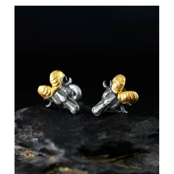 Ram Head Stud Earrings - 999 Fine Silver & 24K Gold Detail