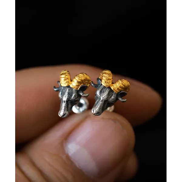 Ram Head Stud Earrings - 999 Fine Silver & 24K Gold Detail Ram Head Stud Earrings - 999 Fine Silver & 24K Gold Detail