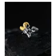 Ram Head Stud Earrings - 999 Fine Silver & 24K Gold Detail
