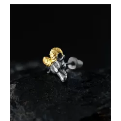 Ram Head Stud Earrings - 999 Fine Silver & 24K Gold Detail