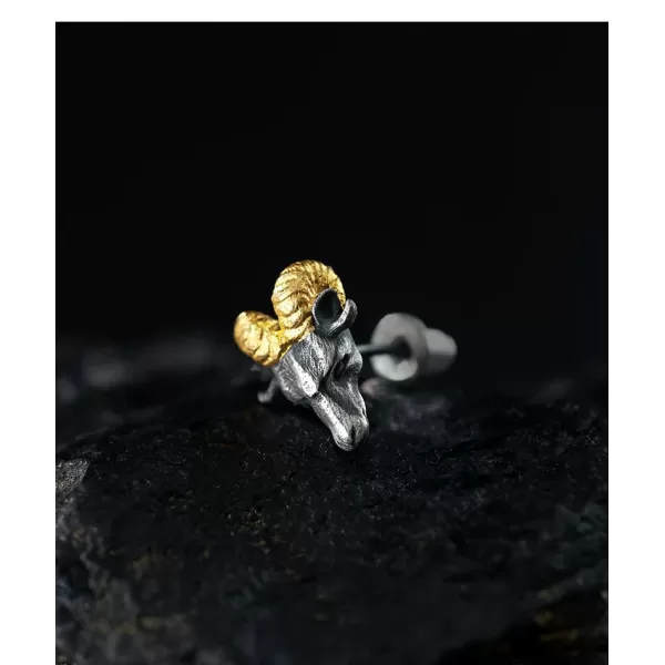 Ram Head Stud Earrings - 999 Fine Silver & 24K Gold Detail