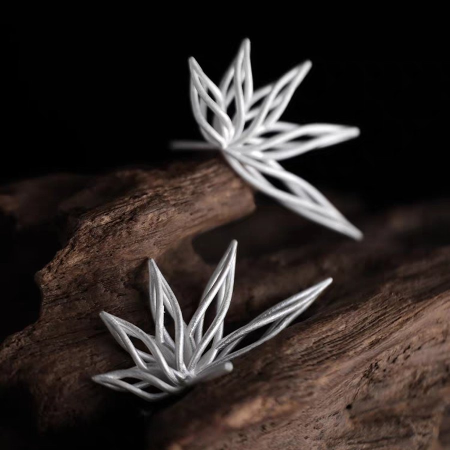 Mirrored openwork bamboo leaf ear climbers in satin 925 sterling silver