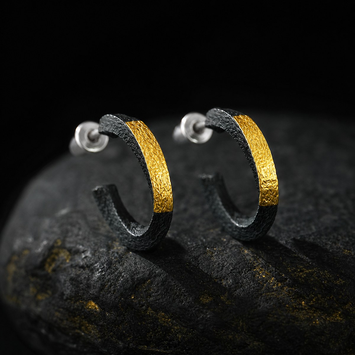 Oxidized fine-silver hoop earrings with small 24K gold inlay details