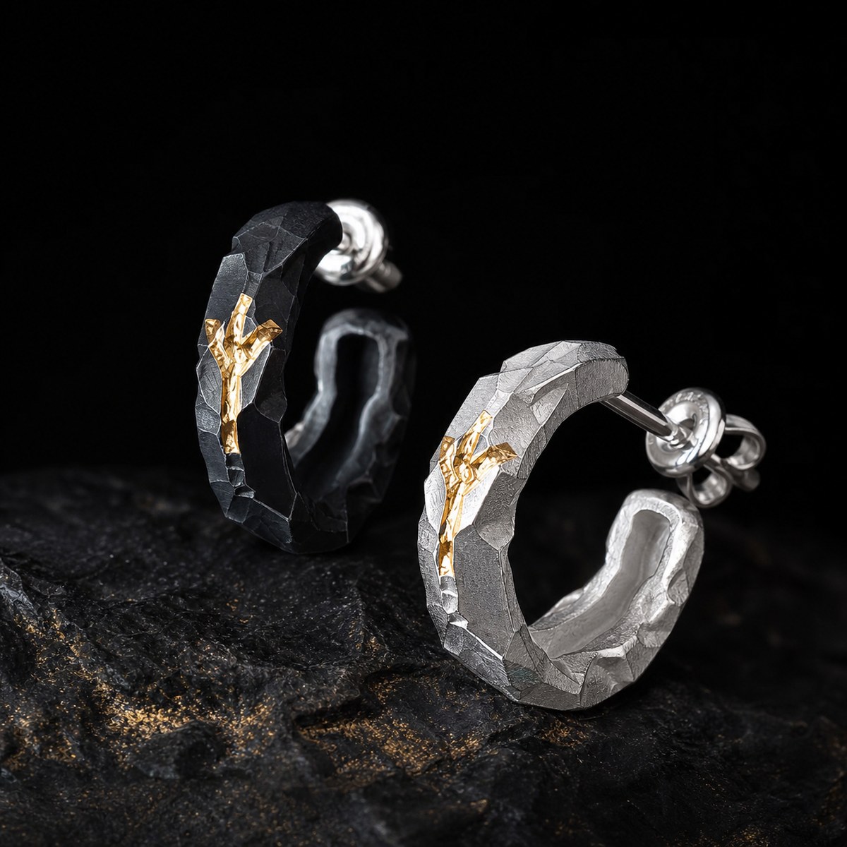 Small faceted 999 fine-silver hoop with 24K gold branch inlay