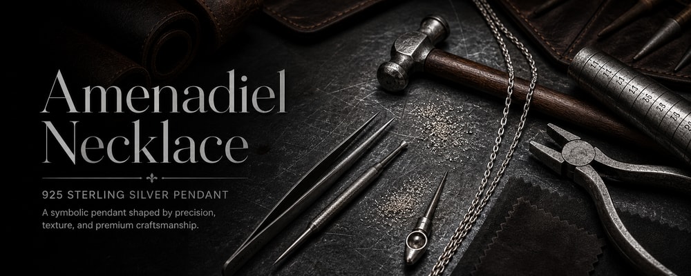 Amenadiel Necklace silver pendant tools banner with chain hammer mandrel pliers tweezers and polishing cloth