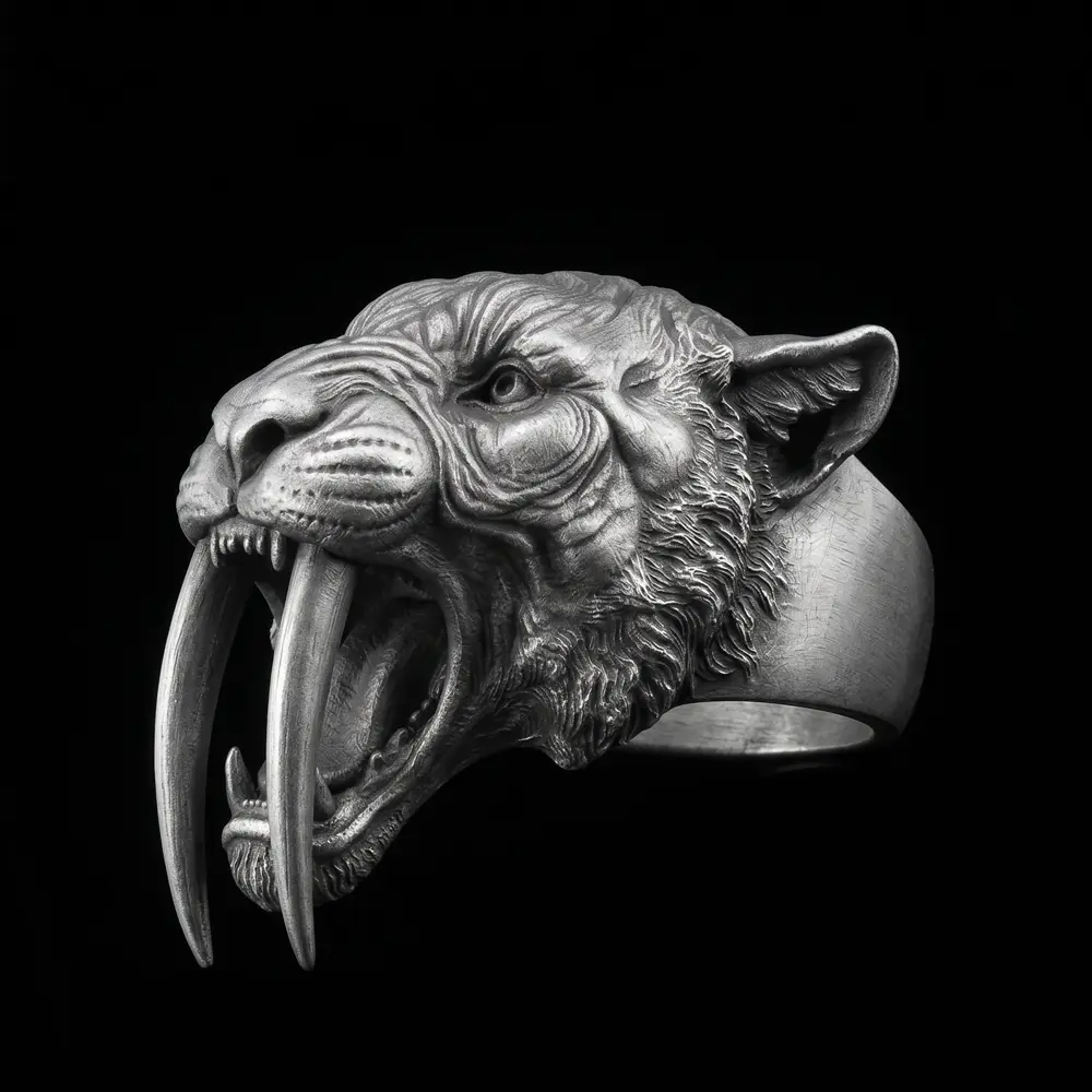 Sabertooth Tiger Ring - Striking 925 Sterling Silver | MENSSKULL - 图片 8